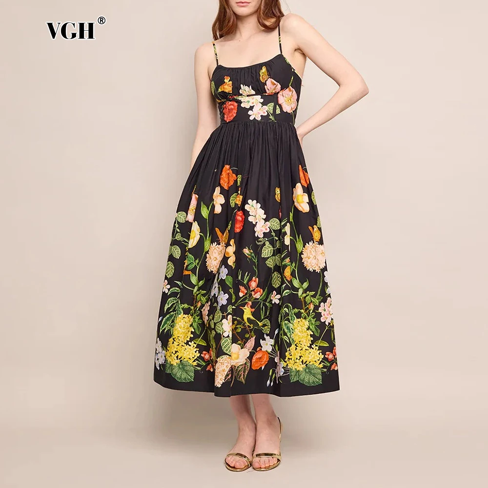 

VGH Floral Printing Retro Camisole Dresses for Women Square Neck Sleeveless High Waist Patchwork Folds Elegant Dress Female New