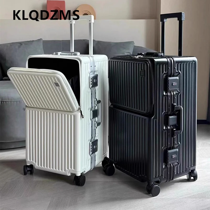 KLQDZMS USB Charging Suitcase Front Opening Aluminum Frame Trolley Case Large Capacity Password Box 26