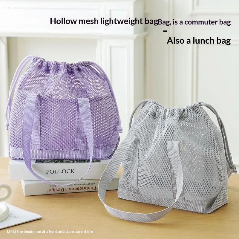Simple Breathable Mesh Drawstring Tote Bag Handbag Sturdy Base Comfortable Handles For Women Gym Swimming Beach Outings