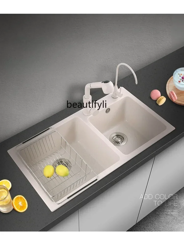 Italian Quartz Stone Washing Basin Sink Double-Slot Kitchen Scullery Set Household Vegetable Basin Oatmeal Color Sink