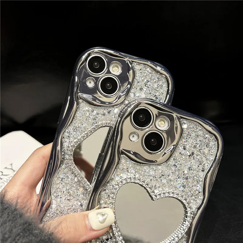 Lovebay Glitter 3D Love Heart Mirror Cream Grain Edge Phone Case For iPhone 15 14 13 12 11 Pro Max XS XR Electroplate Soft Cover