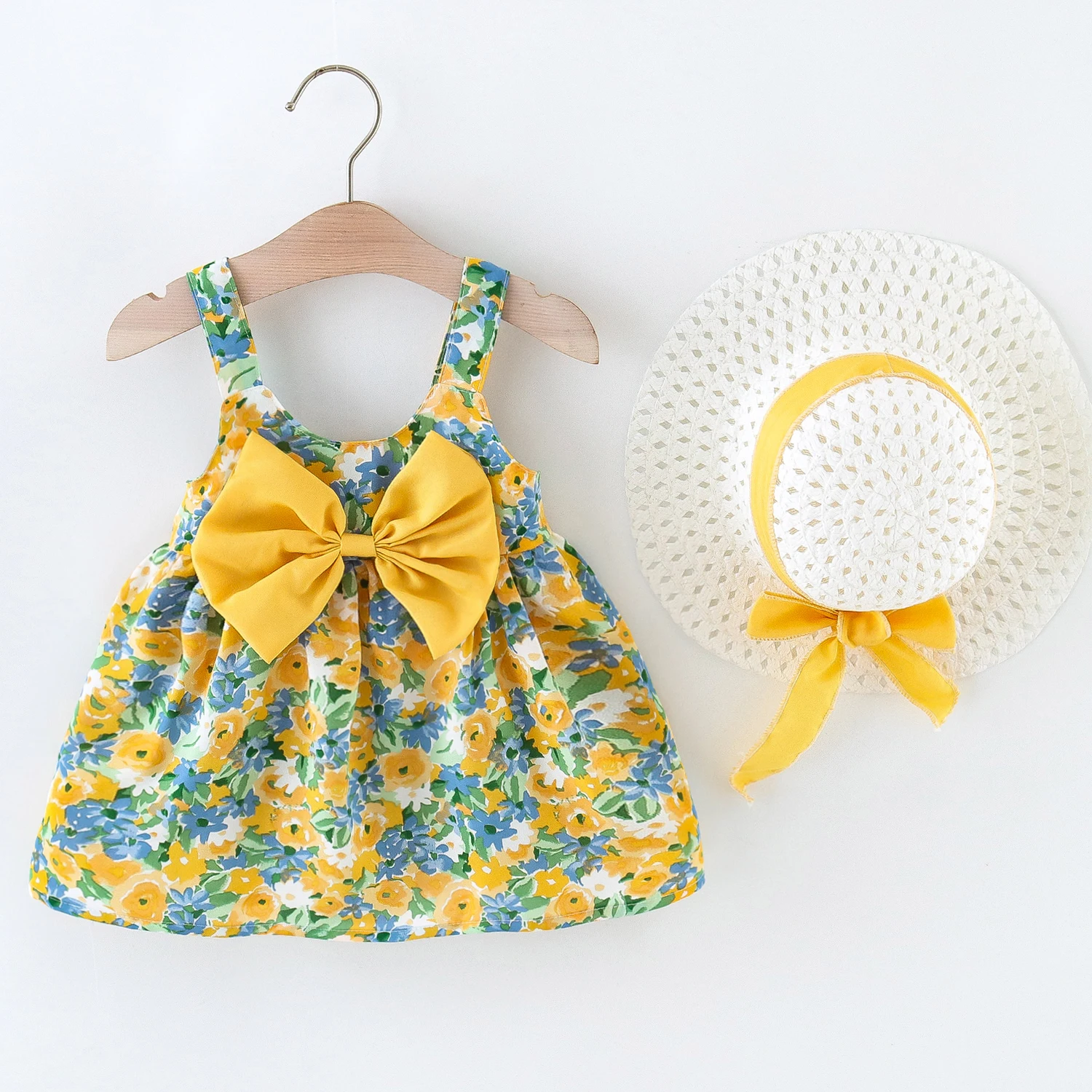 

Baby Girl Dress Cute Flower Printed Dress for Kids Birthday Party Clothes Send Hat Baby Beach Travel Clothes