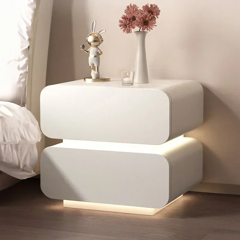 Intelligent solid wood bedside table, milk oil style bedroom, simple bedside storage cabinet, light luxury and high-end feel