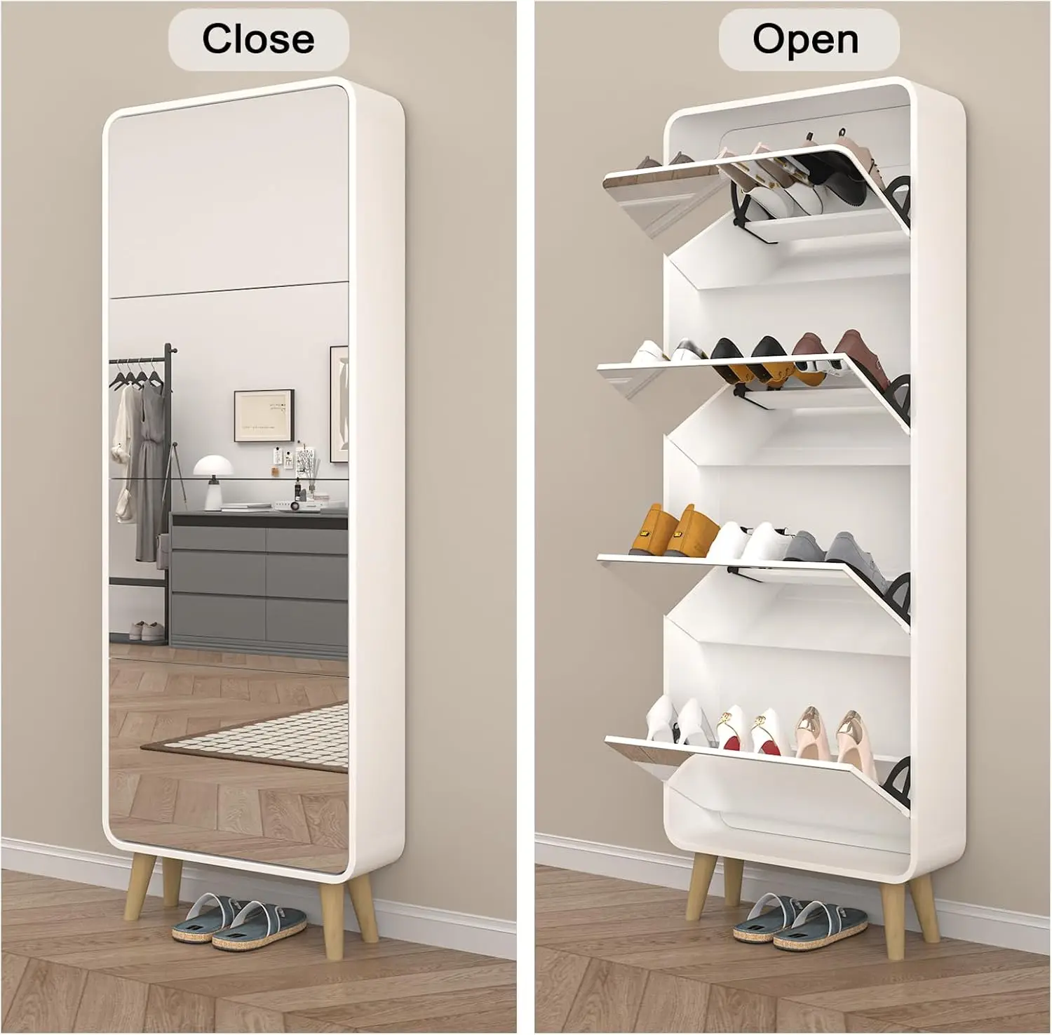 Mirror Shoe Cabinet with 4 Flip Drawers, Wooden Shoe Organizer with Solid Wood Legs, Full Length Mirror Shoe Rack,