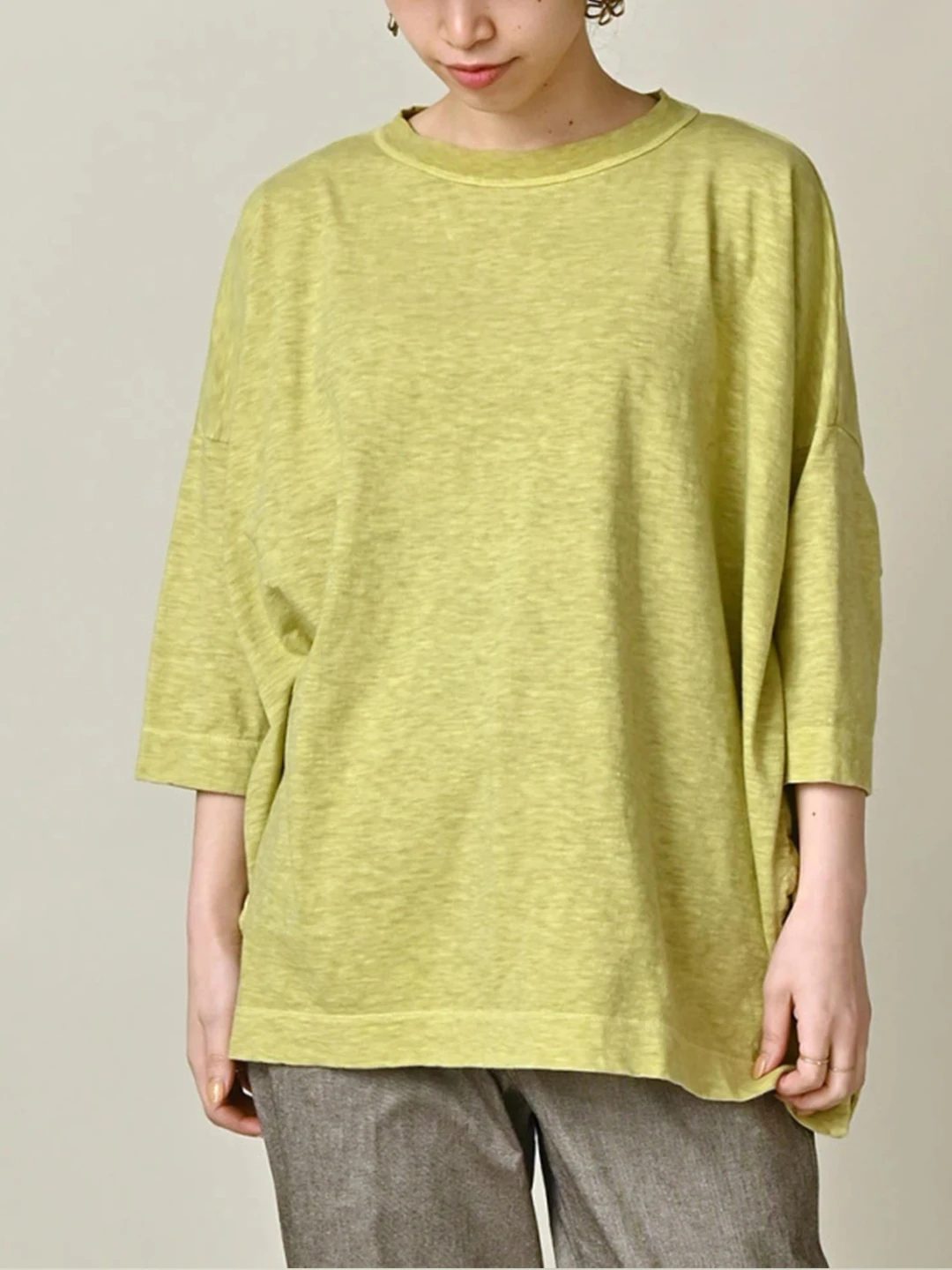 Autumn New Style Japanese round Neck Embroidery Retro Comfortable Breathable Washed  Bamboo Cotton Seven Sleeve T-shirt