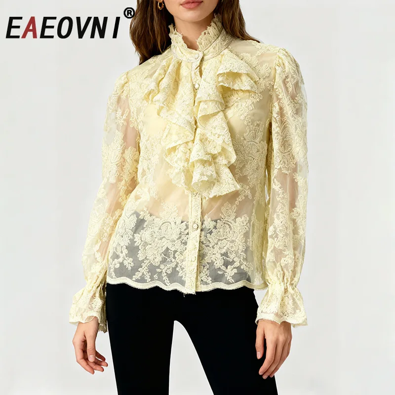 

EAEOVNI Ruffles Embroider Design Women's Blouse Solid Color Long Sleeve Fashion Button Shirt Casual 2026 Spring New Clothing