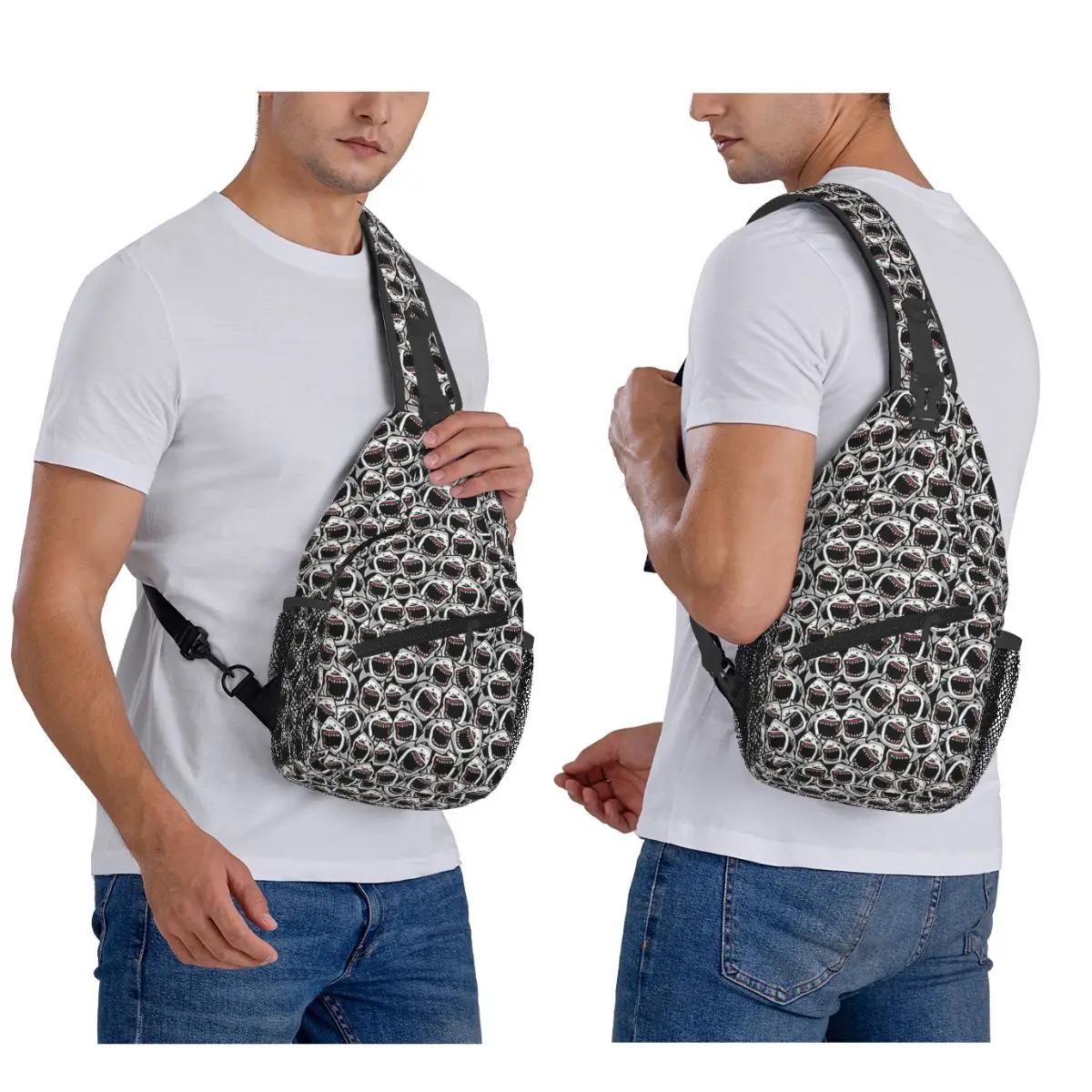 Feeding Frenzy Shark Attack Chest Bag Men Sling Crossbody Backpack Chest Bag Traveling Hiking Daypack Shoulder Bag
