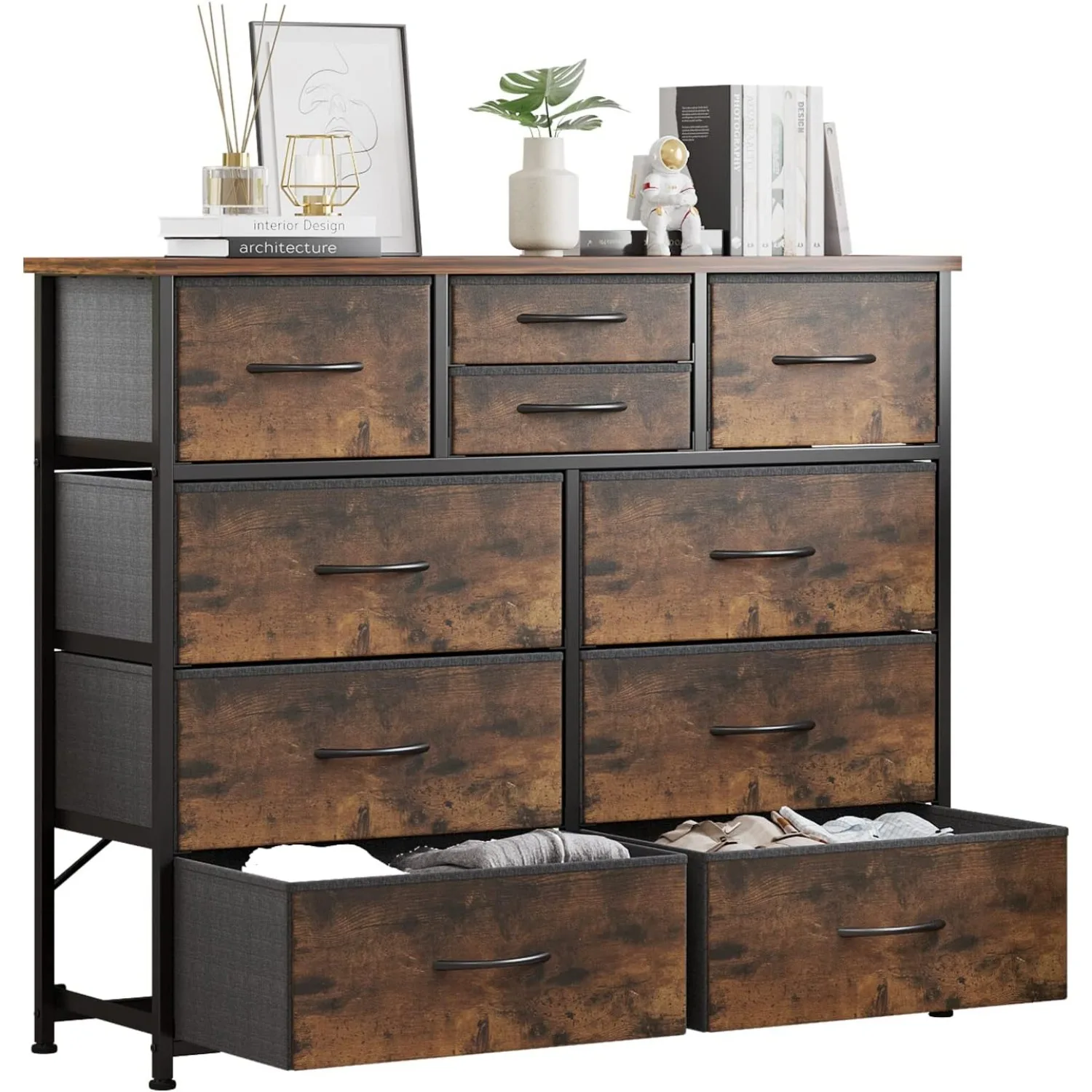 10-Drawer Dresser, Fabric Storage Dressers for Bedroom, Closets, Steel Frame, Wood Top, Easy Pull Handle (Rustic Brown)