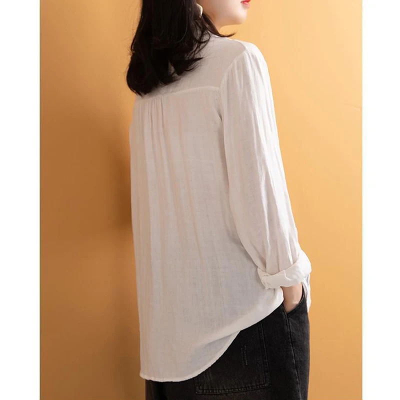 Vintage Embroidery White Simple Cotton Button Up Shirt Comfortable Casual Long Sleeve Loose Tops Blouses for Women Clothing 2023