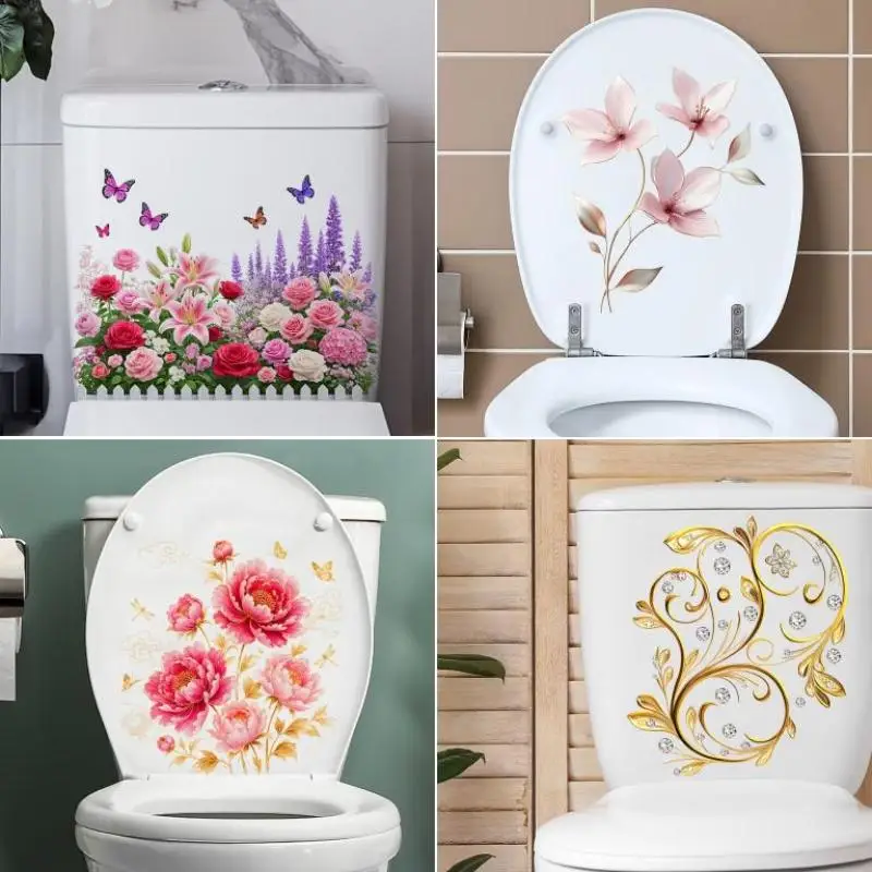 Modern Flower Toilet Lid Decal Floral Pattern Sticker Waterproof Removable Self Adhesive for DIY Bathroom Home Decor
