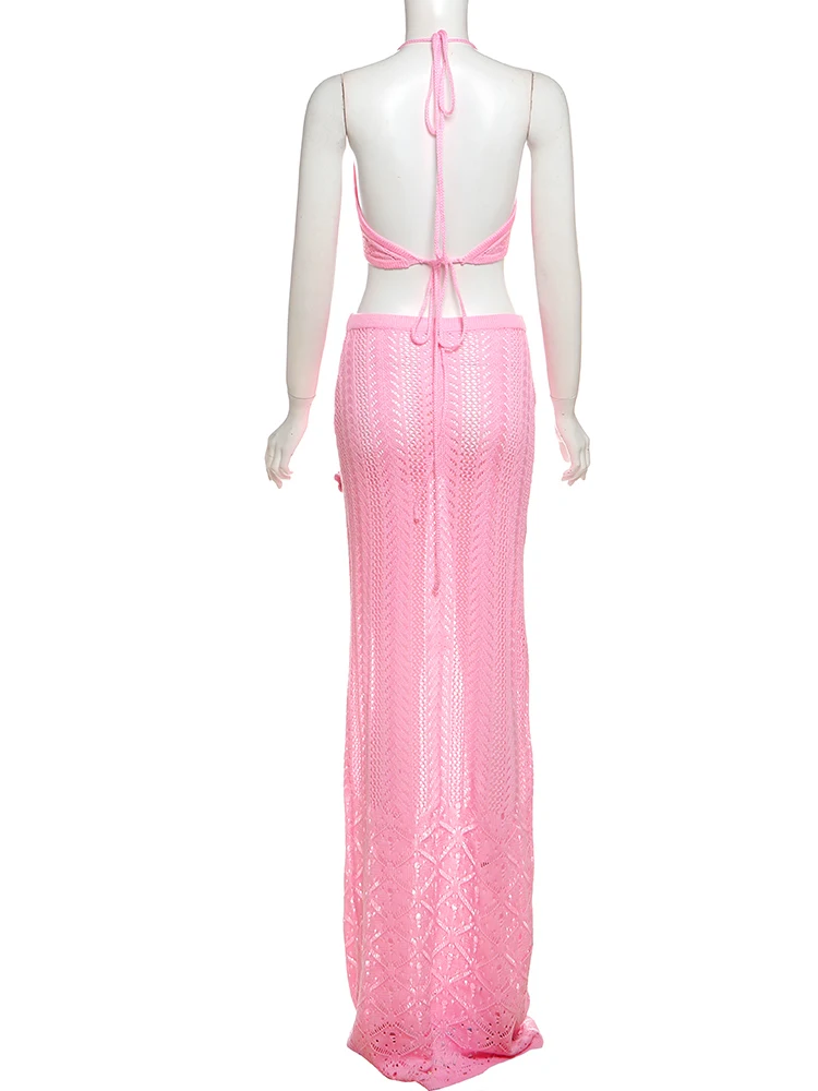 

kliou Beach Knitted 2 Piece Set Women Summer Trend Appliques Halter Crop Tanks+Sheer Maxi Skirts Female Matching Vacation Outfit
