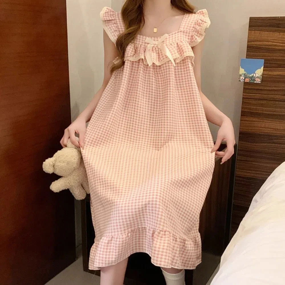 

Soft Lace Ruffle Women's Grid Pajama Dress Bowknot Sweet Sleeveless Nightdress Loose Homewear Nightgowns with Pads Female