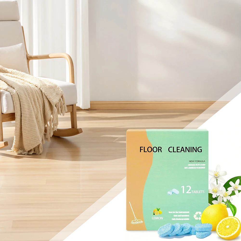 12pcs Sheets Floor Cleaning Tablets Lemon Scented Multi-Surface Floor Cleaner For Mopping Pet Kid Safe Formulas Cleaning Tablet