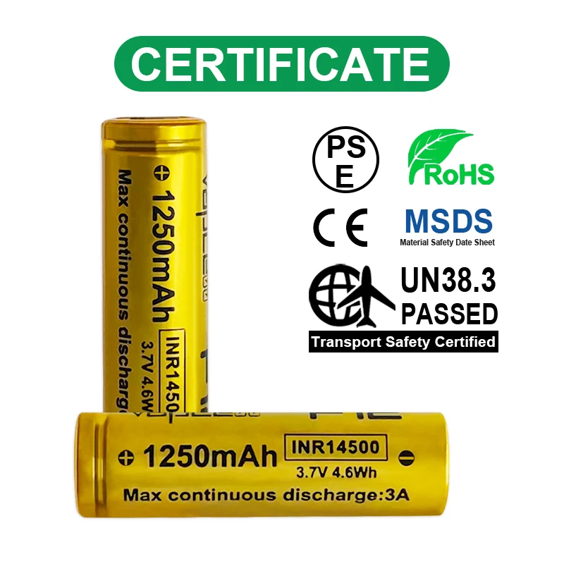 Highest Capacity 14500 Battery Vapcell 14500 F12 1250mah 3A INR14500 3.7V Rechargeable Batteries For Flashlight Camera