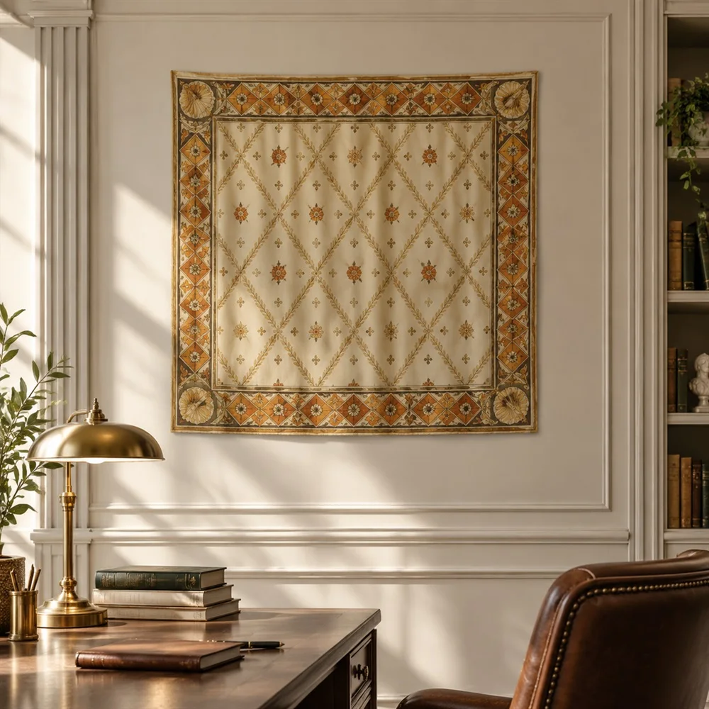 VIKAMA Diamond Trellis Pattern Border Frame Tapestry Wall Hanging, Neoclassical Wall Decor Tapestries for Kitchen Dining Room