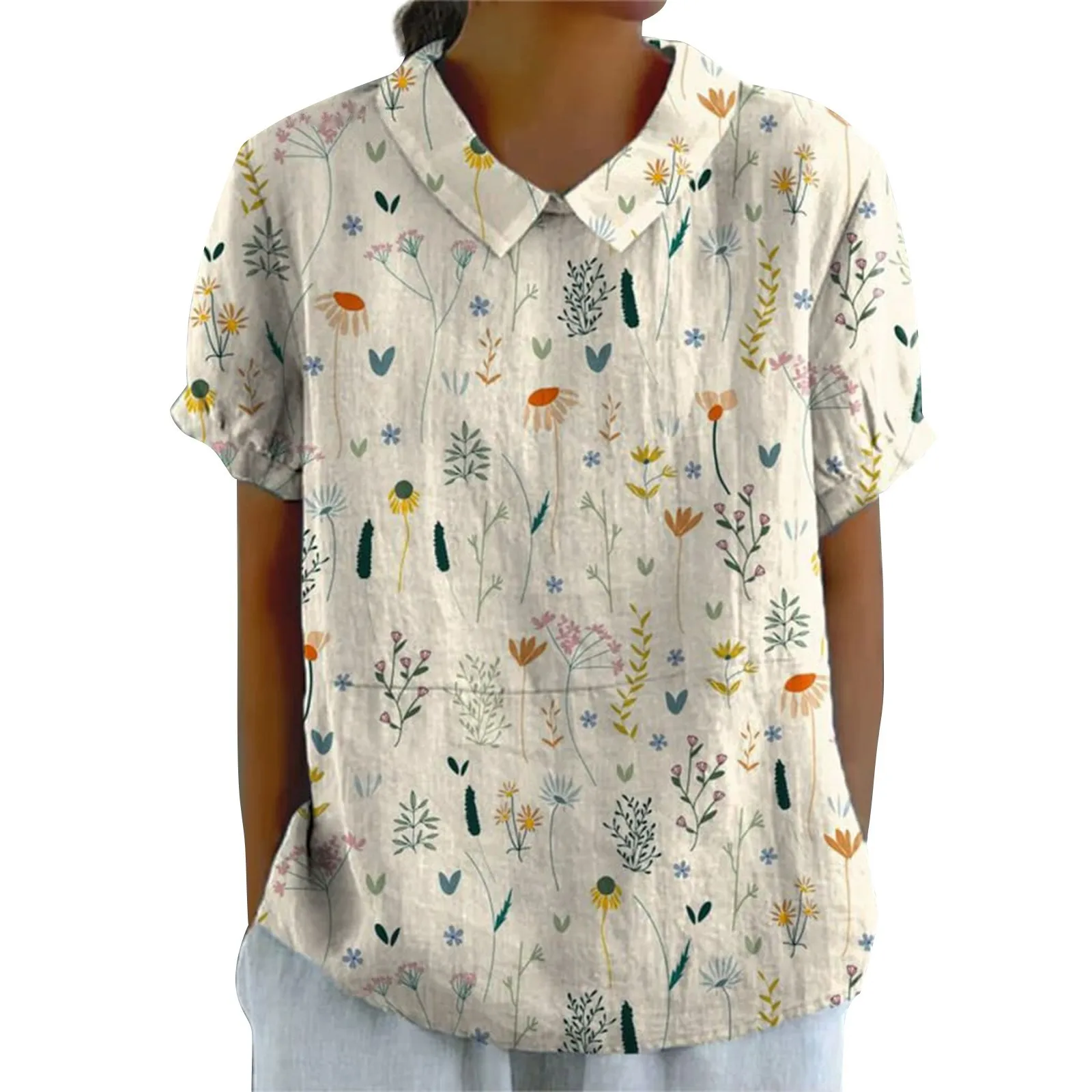 New 2025 Summer Women's Elegant Blouses Floral Pattern T-Shirt Tops Fashion Lapel Short Sleeve Tees Retro Pulovers Women Blouse
