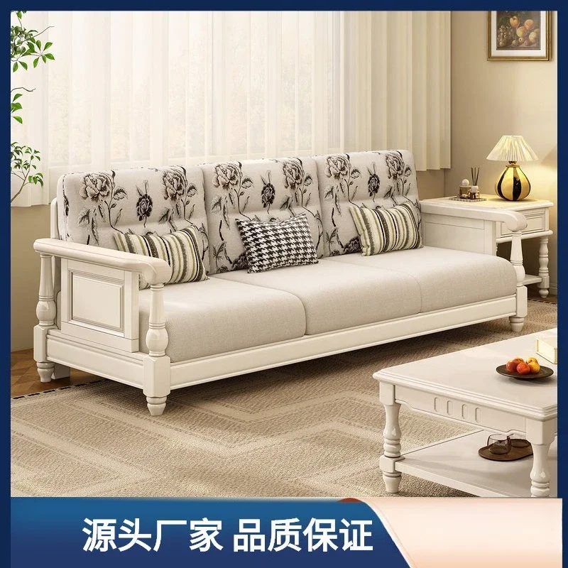 American all-solid wood sofa, living room straight row three-person fabric multi-person wooden sofa