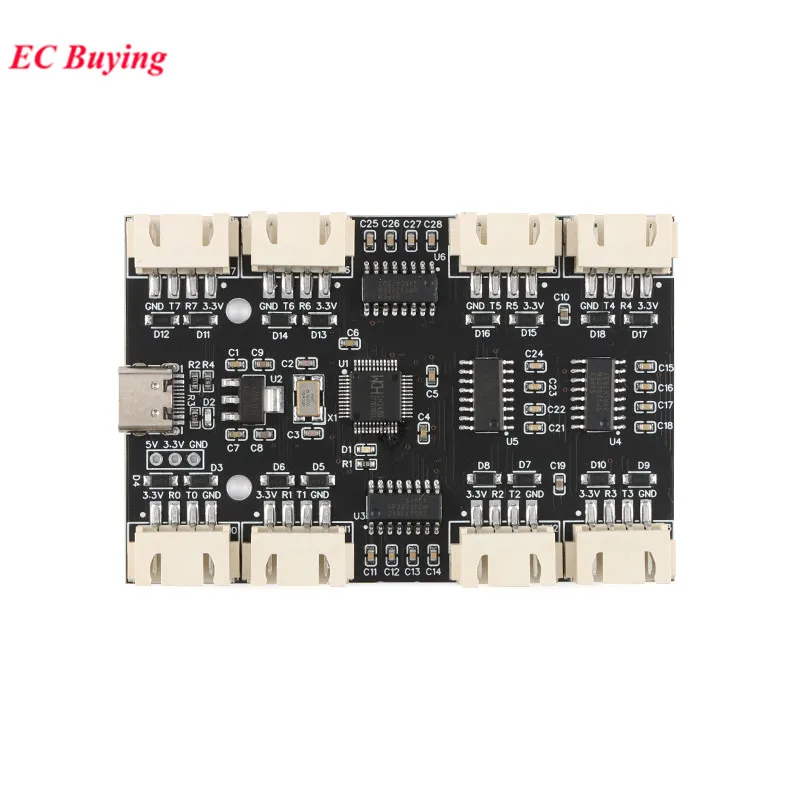 USB to 8-way 8 Channels RS232 232 TTL Serial Port Module CH348 Multi Ways Type C to 8-way UART HUB PCB Expansion Board YR-6018