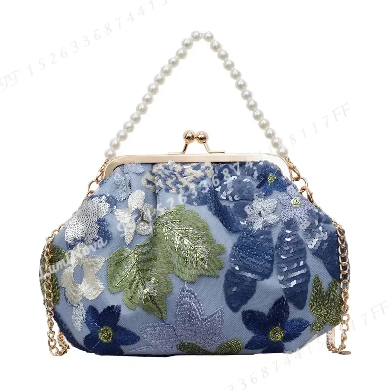 Flower Sequin Embroidered Pearl Clutch Bag Light Luxury Celebrity Style Chain Crossbody Evening Dinner Purse for Women view 3