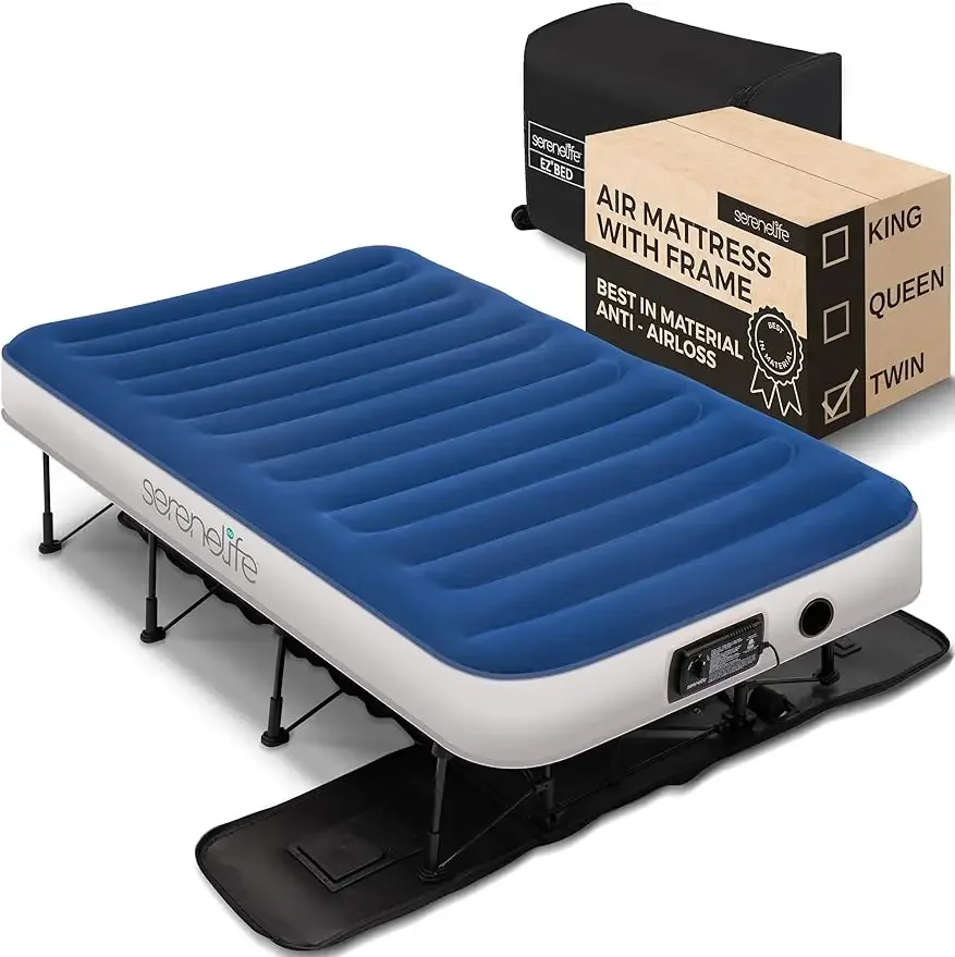 

SereneLife-EZ Air Mattress with Frame and Rolling Case, Foldable Self-Inflating Bed, Built in Pump, Twin