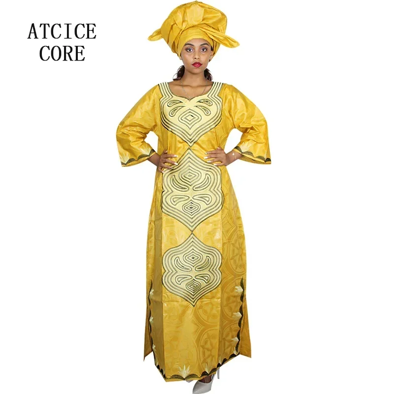 

African Dresses For Woman Bazin Riche Embroidery Big Size Long Dress With Scarf