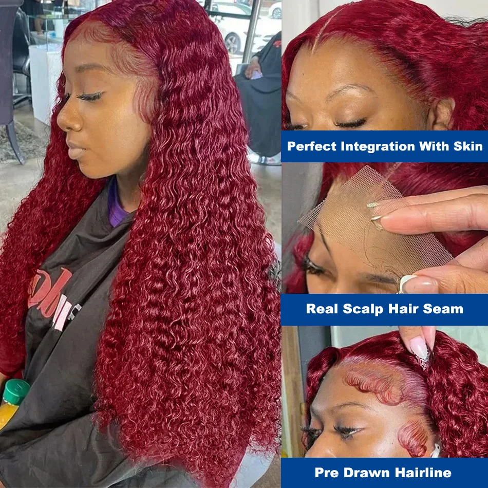 13X4 Deep Curly Lace Frontale Pruik 99j Bordeauxrood Deep Wave Lace Front Human Hair Pruiken Rood Gekleurde Pruiken Menselijk Haar Braziliaans Haar