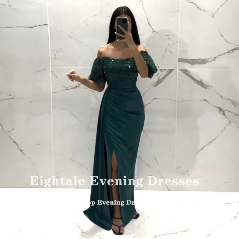 Eightale Dark Green Evening Dress Customized Short Sleeves Sequin Side Slit Formal Arabic Mermaid Wedding Party Prom Gowns Satin