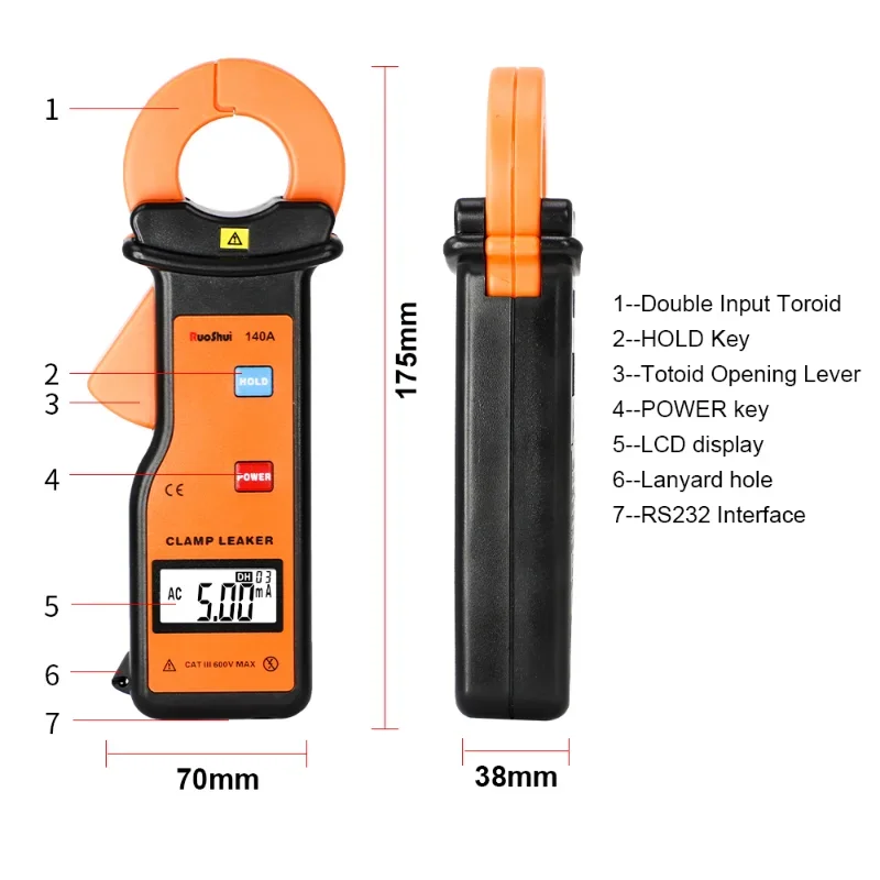 RuoShui 140A Digital Clamp Leaker High Accuracy Leakage Current Clamp Meter Measure Range 0.000mA~60.00A LCD Automatic Tester