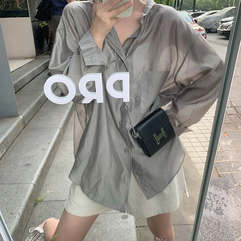 

Женская рубашка из ледяного шелка с защитой от солнца, свободный кардиган, верхняя одежда в корейском стиле, прямой крой, длинный рукав, воротник, детали с пуговицами