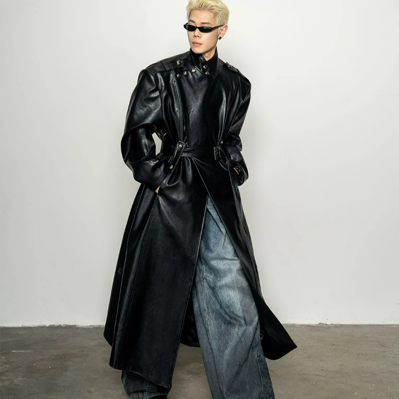 

2026 Autumn New Fashion Irregular Silhouette Long Jacket American High-end Style Large Lapel Cinched Waist Leather Coats for Men
