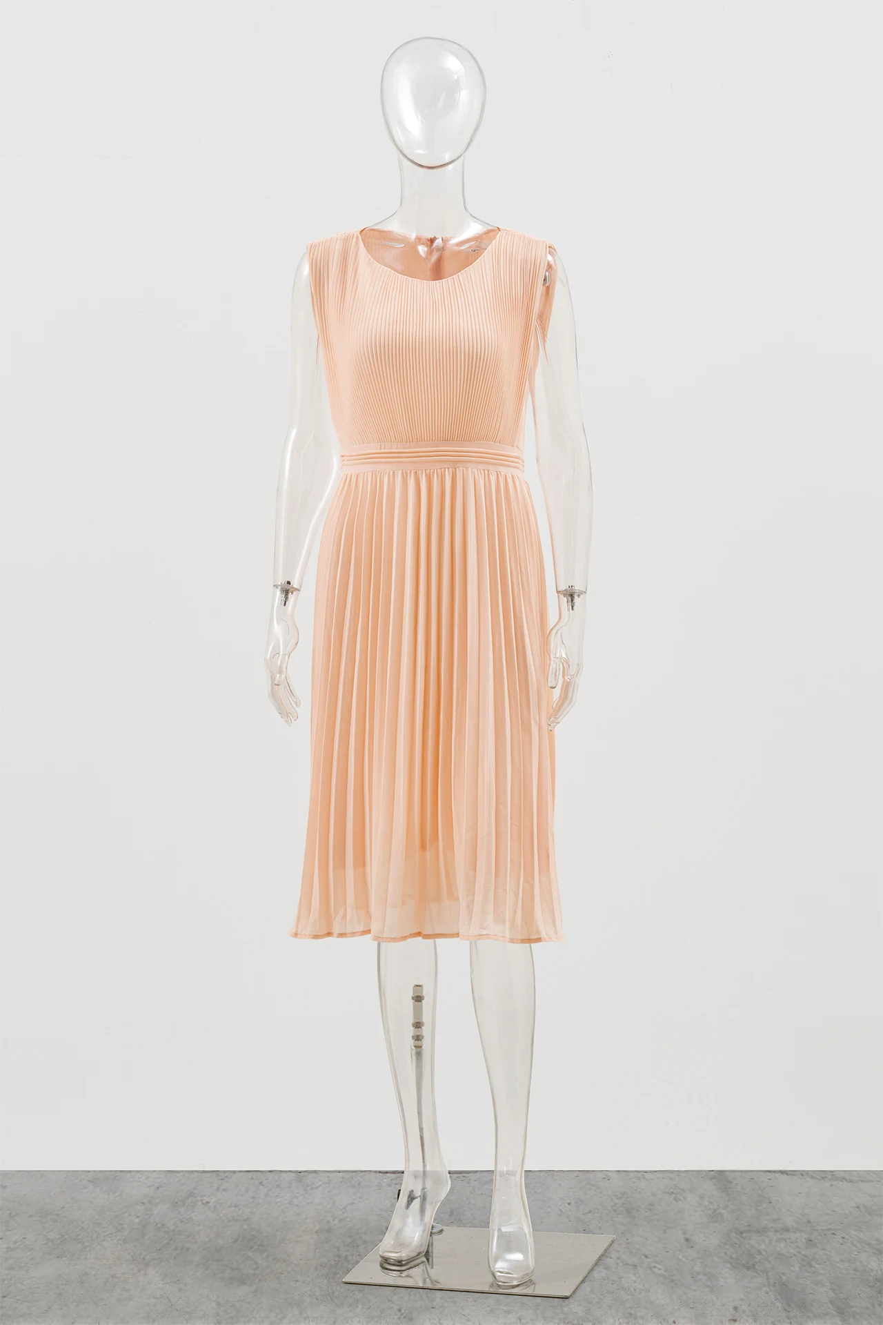 Zipper Chiffon Pink Pleated Women Dress 2024 New Casual O-neck Solid Color Sleeveless Tank Dresses Fashion Chic Female Clothing