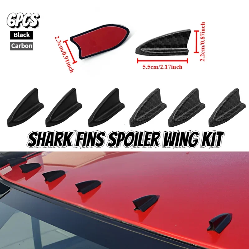 UV-protected & Weatherproof 6pcs Black Carbon Pattern Car EVO-Style PP Roof Shark Fins Spoiler Wing Kit Vortex Generator