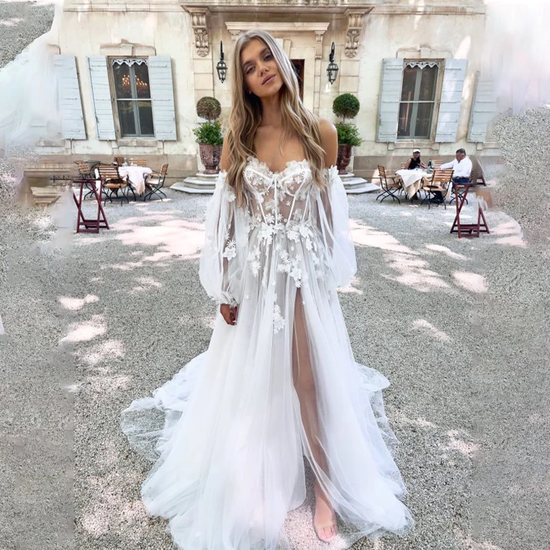 Elegant Sweetheart Lace Applique 3D Bloem Een Line Trouwjurken Afneembare Bladerdeeg Mouwen Side Slit Boho Beach Bridal Reed De