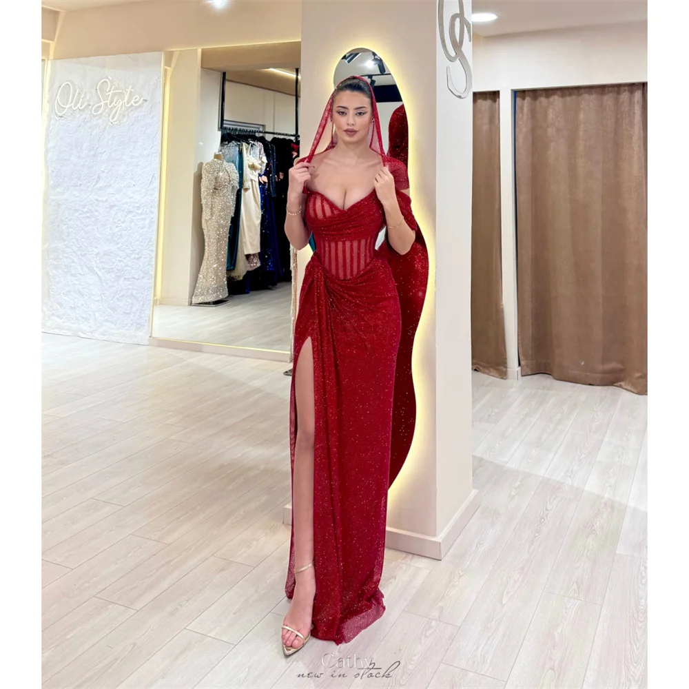 

Cathy Customized Burgundy Off Shoulder Side Split Prom Dress Sheath Sleeveless vestidos de noiva Elegant Glitter Formal Evening
