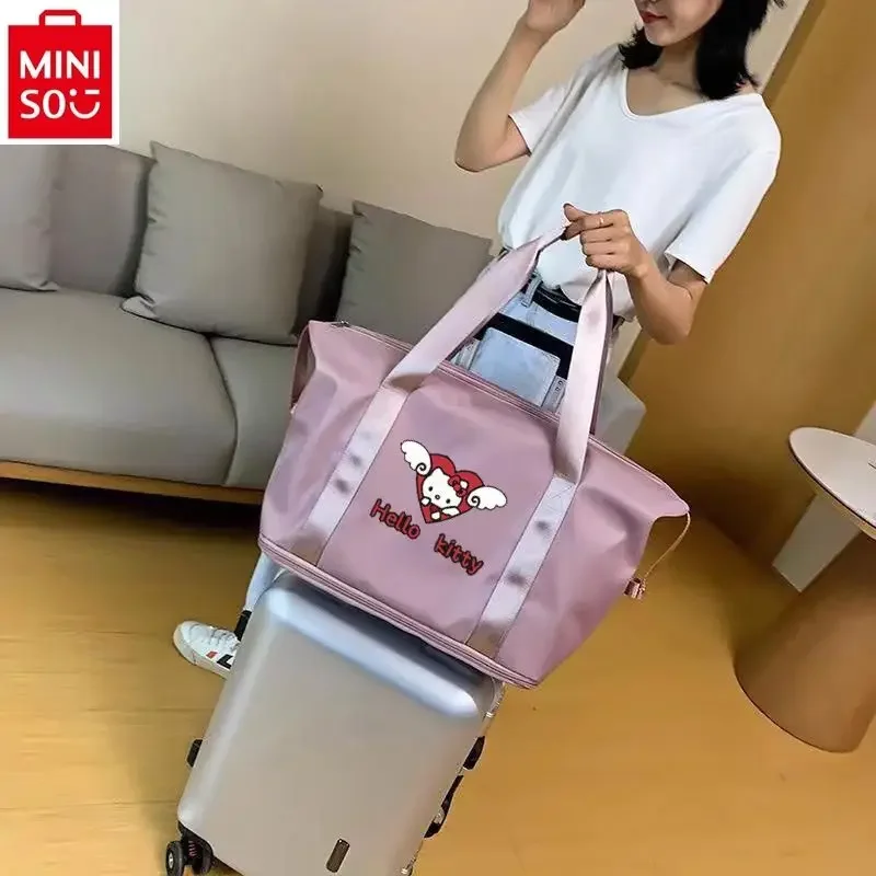 

MINISO 2024 New Women's High Quality Oxford Textile Handbag Cute Hello Kitty Printed Large Capacity Storage Travel Luggage Bag