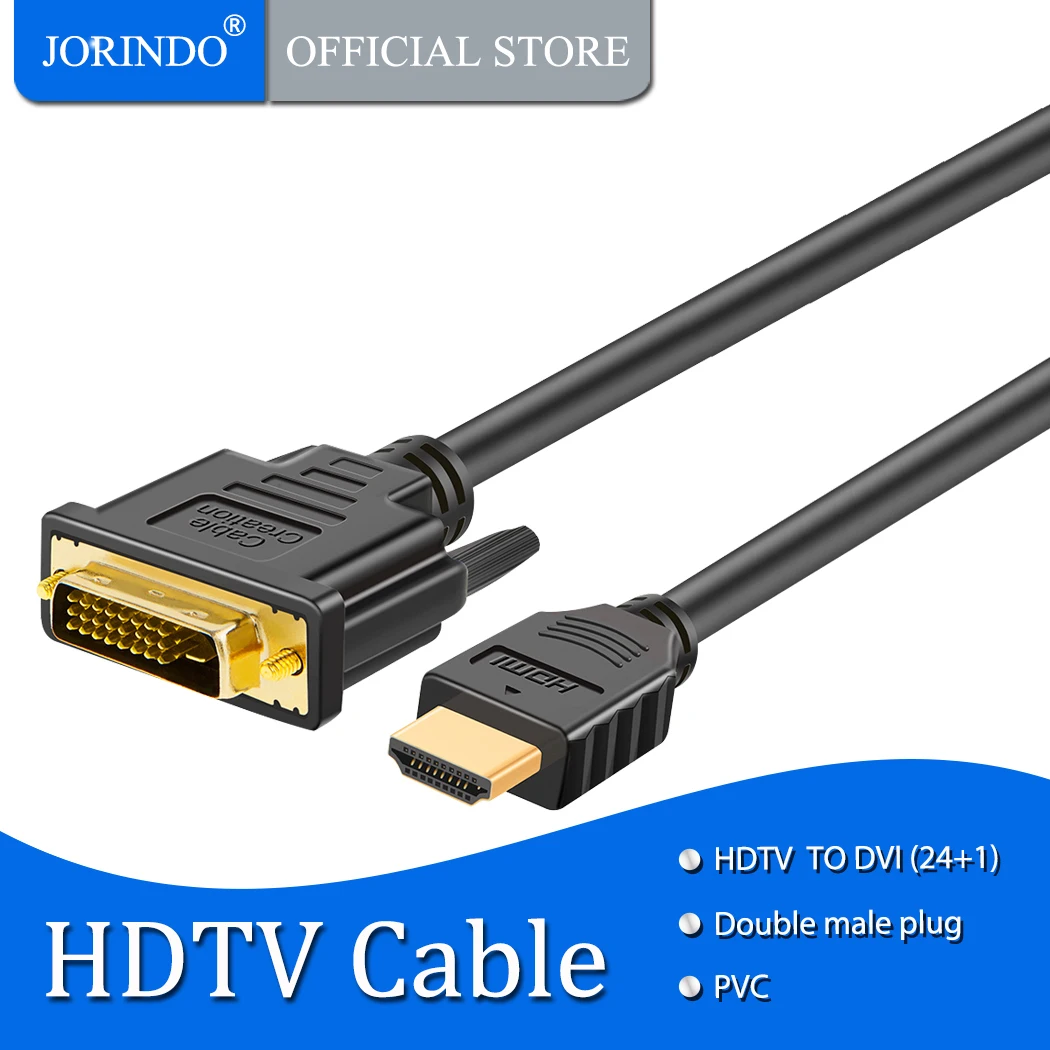 JORINDO HDTV to DVI Cable, HDTV Male to DVI(24+1) Male Cable, Gold Plated HDTV to DVI Cable, Support 1080P,3D, Black