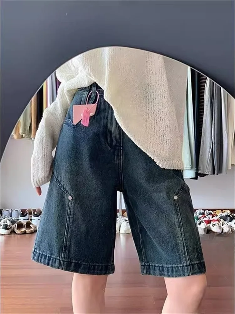 

Ретро американские выцветшие джинсовые брюки с пятью точками, женские свободные прямые брюки больших размеров, широкие брюки средней длины, осеннее новое поступление