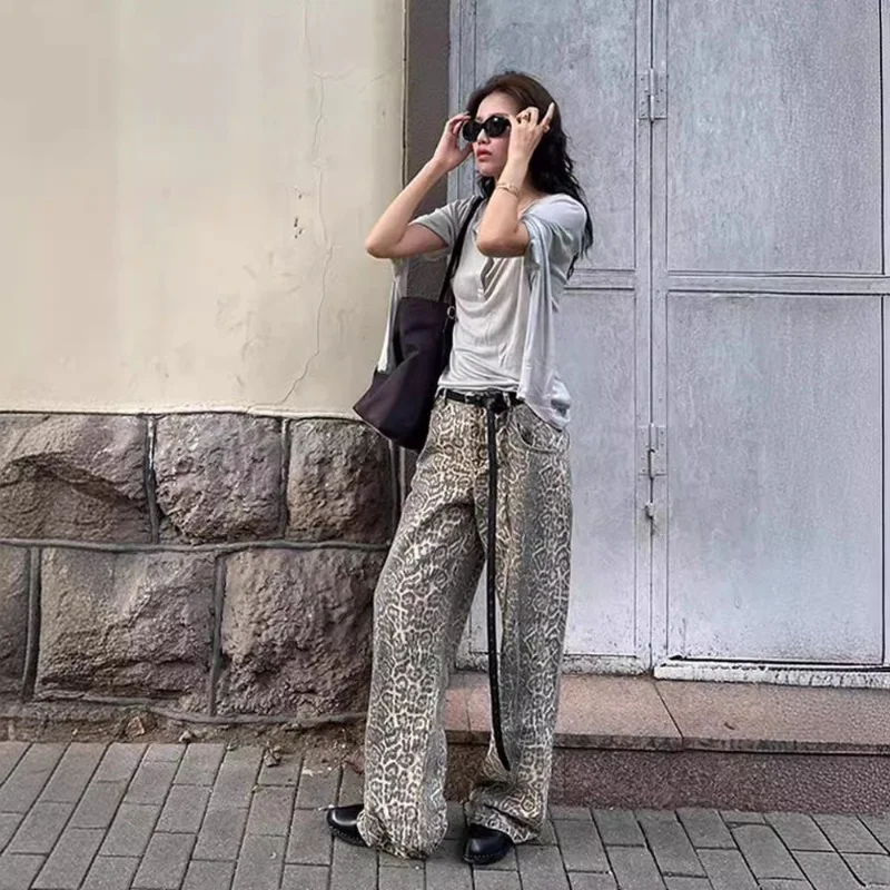 

American Y2K Retro Light Leopard Jeans 2024 Summer Spicy Girl New Woman Hiphop Street Vibe Style Loose Straight Wide Leg Pants