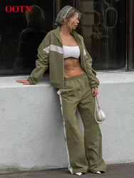 OOTN Autumn Sports Green Long Pants 2 Pieces For Women 2024 Fashion Patchwork Loose Shirts Streetwear White Wide Leg Pants Suits