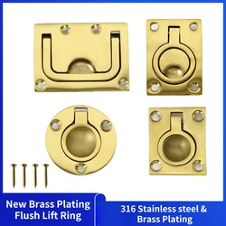 316 Stainless Steel Boat Accessories Brass Plating Hatch Pull Handle with Mounting Screws Round Square Flush Lift Ring For Boat