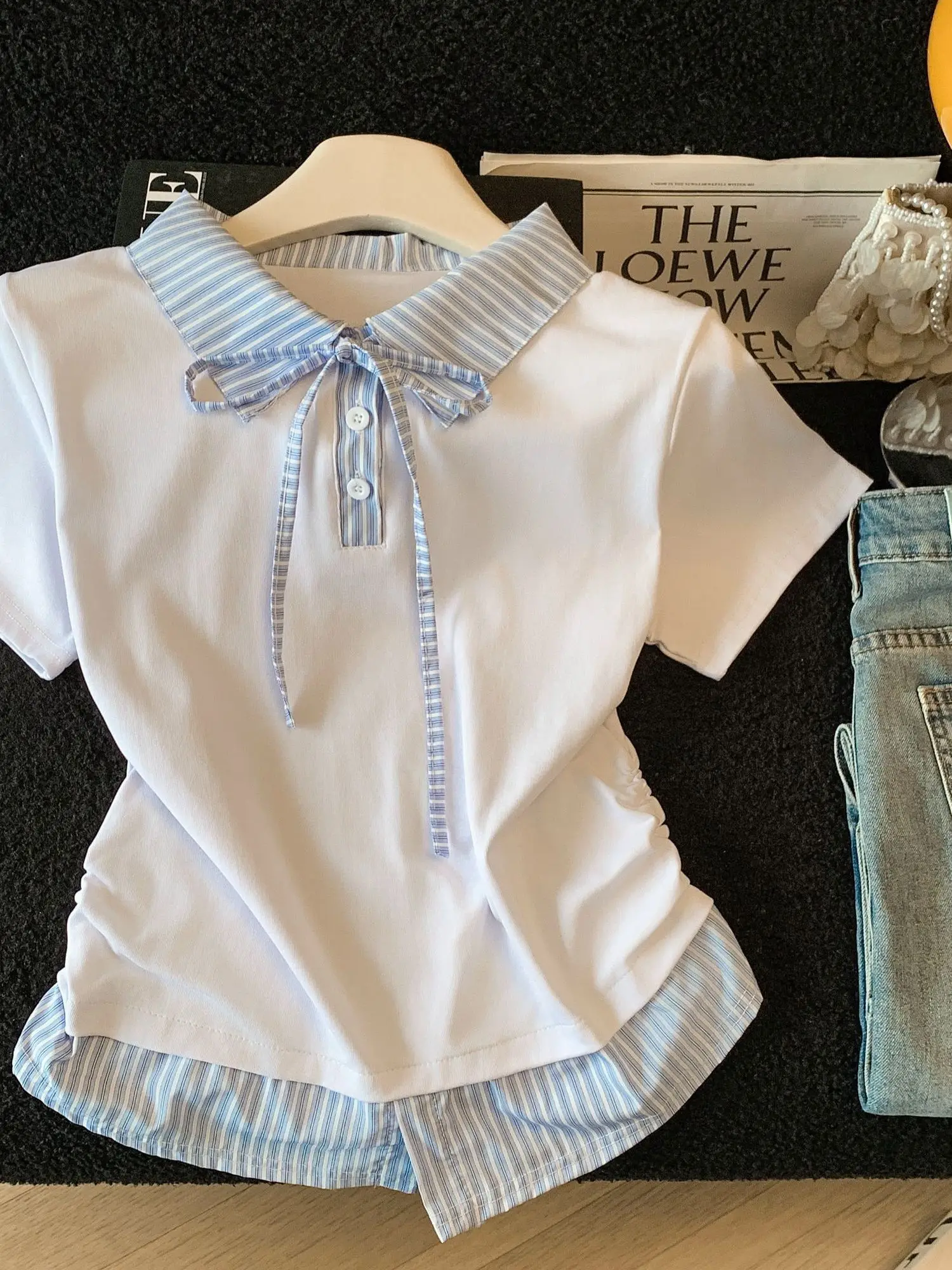 2026 New Stripe  Neck Short Sleeve T-Shirt Girls Summer Fashion Fake Two-Piece Top Cotton Youth Style School Uniform Trend