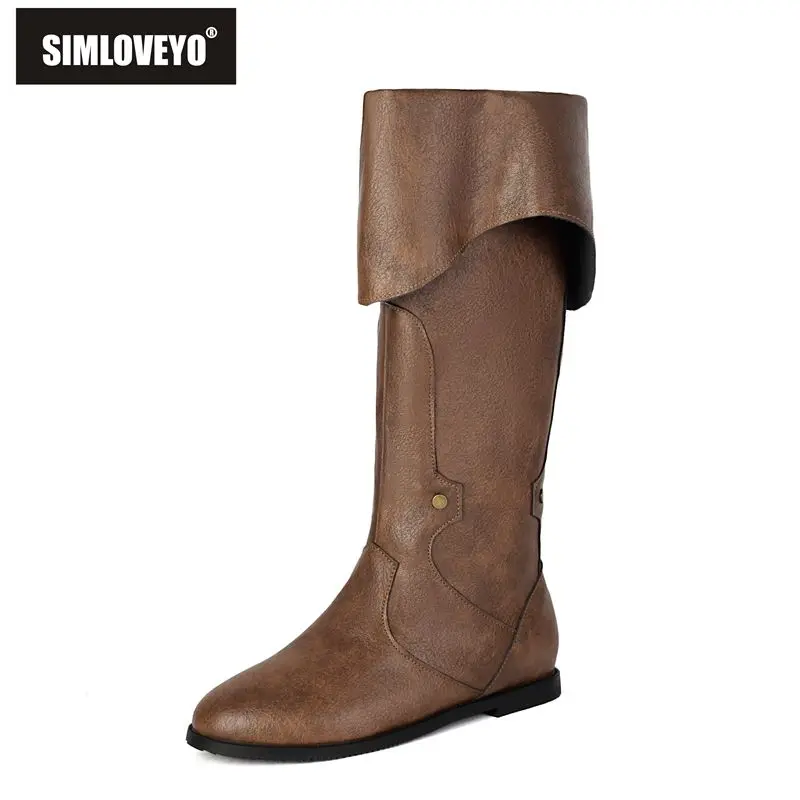 Marca SIMLOVEYO 2025, botas Vintage hasta la rodilla para mujer, zapatos planos con punta redonda y cremallera de talla grande 46 47 48, Bota occidental de ocio para uso diario para mujer