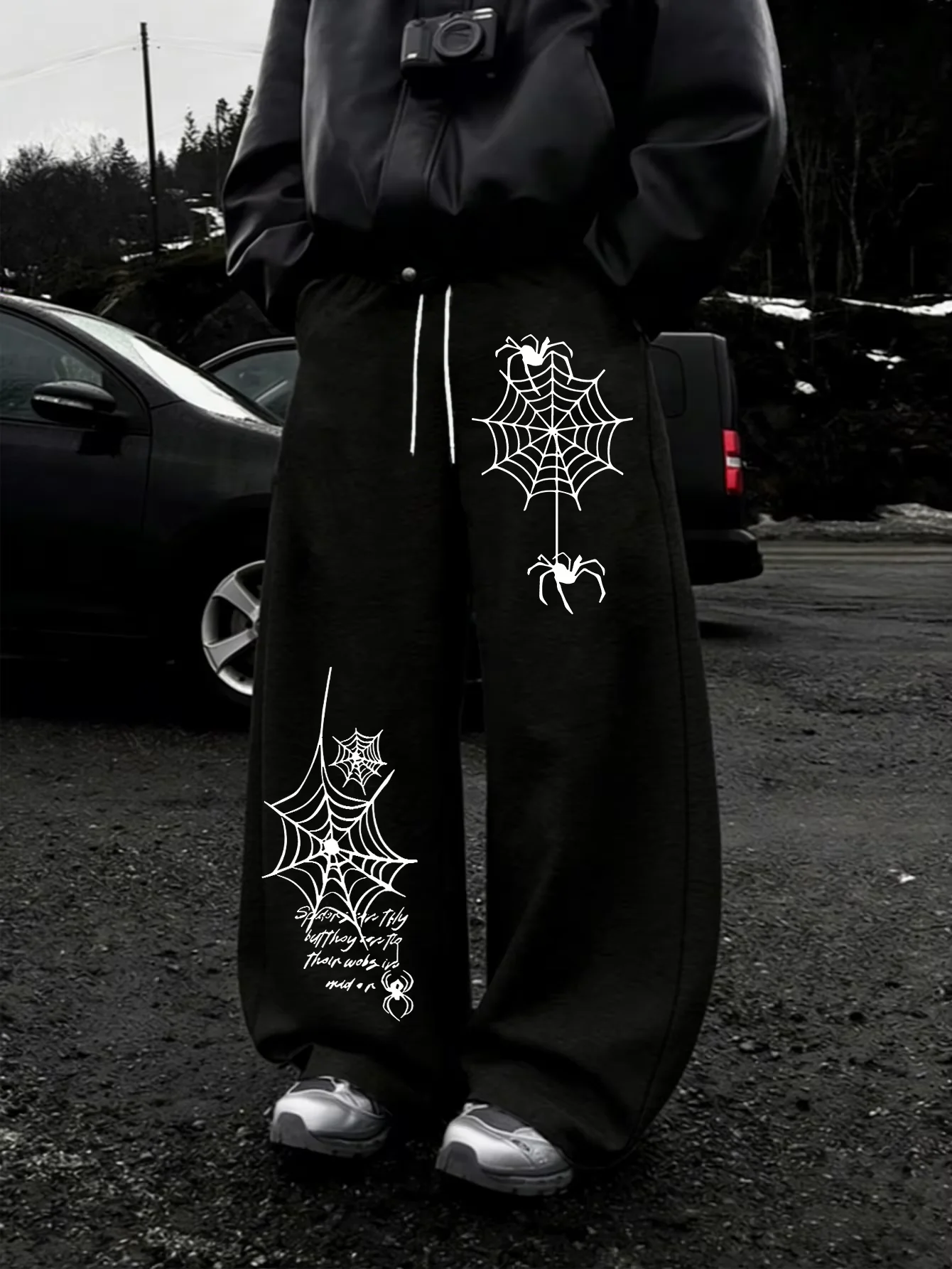Wide Leg Trousers, Spider Web Gothic Graphic Print, Drawstring Elastic Waist, Dark Streetwear Loose Casual Bottoms