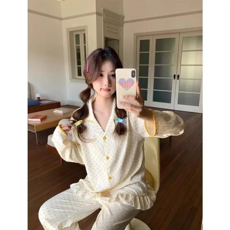 

Women's Pajama Set Fashion Homewear Cardigan Set Lace Trim Women Home Loungewear Elegant Cream Yellow Polka Dot Relaxed Young