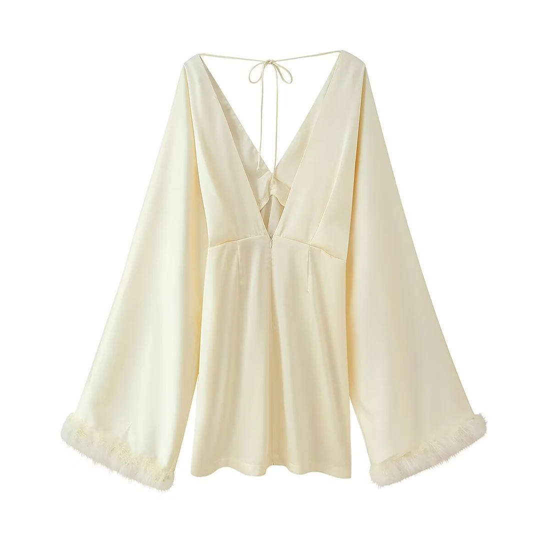 فستان نسائي جديد 2025 من الساتان برقبة على شكل حرف V مزين بالريش فستان أنيق للنساء