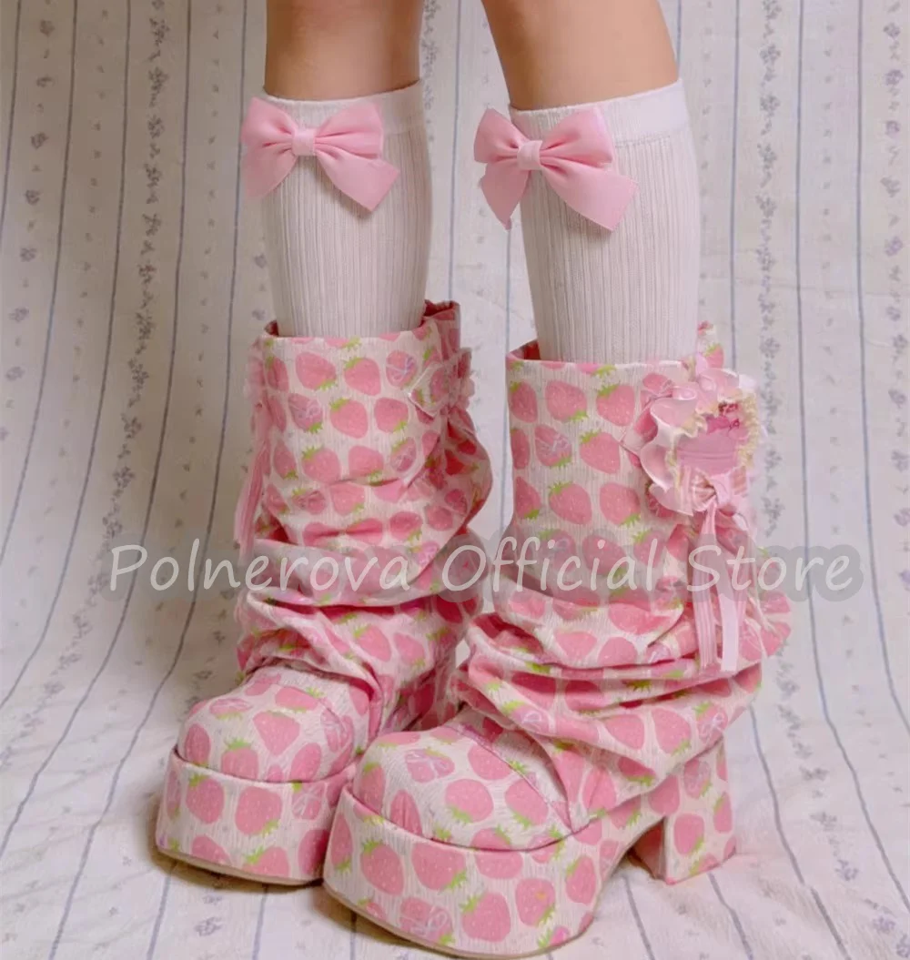 

Pink Strawberry Prints Buttrfly-Knot Decor Women Boots Y2K Chunky Heel Platform Pleated Short Boots Lolita Girl Dress Shoess