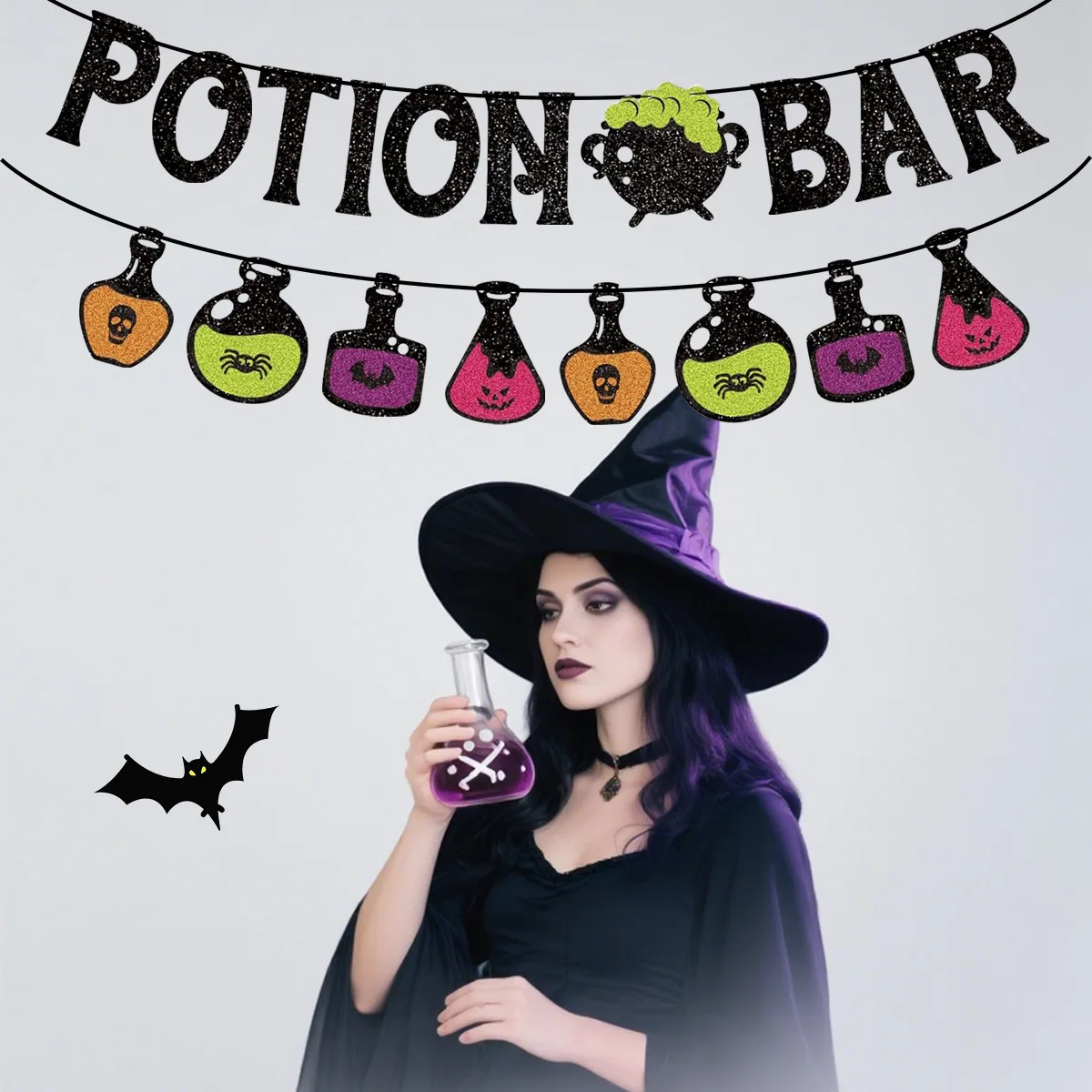 Halloween Potion Bar Glitter Paper Banner Witch Themed Garland Haunted House Wall Backdrop Decor for Party Supplies
