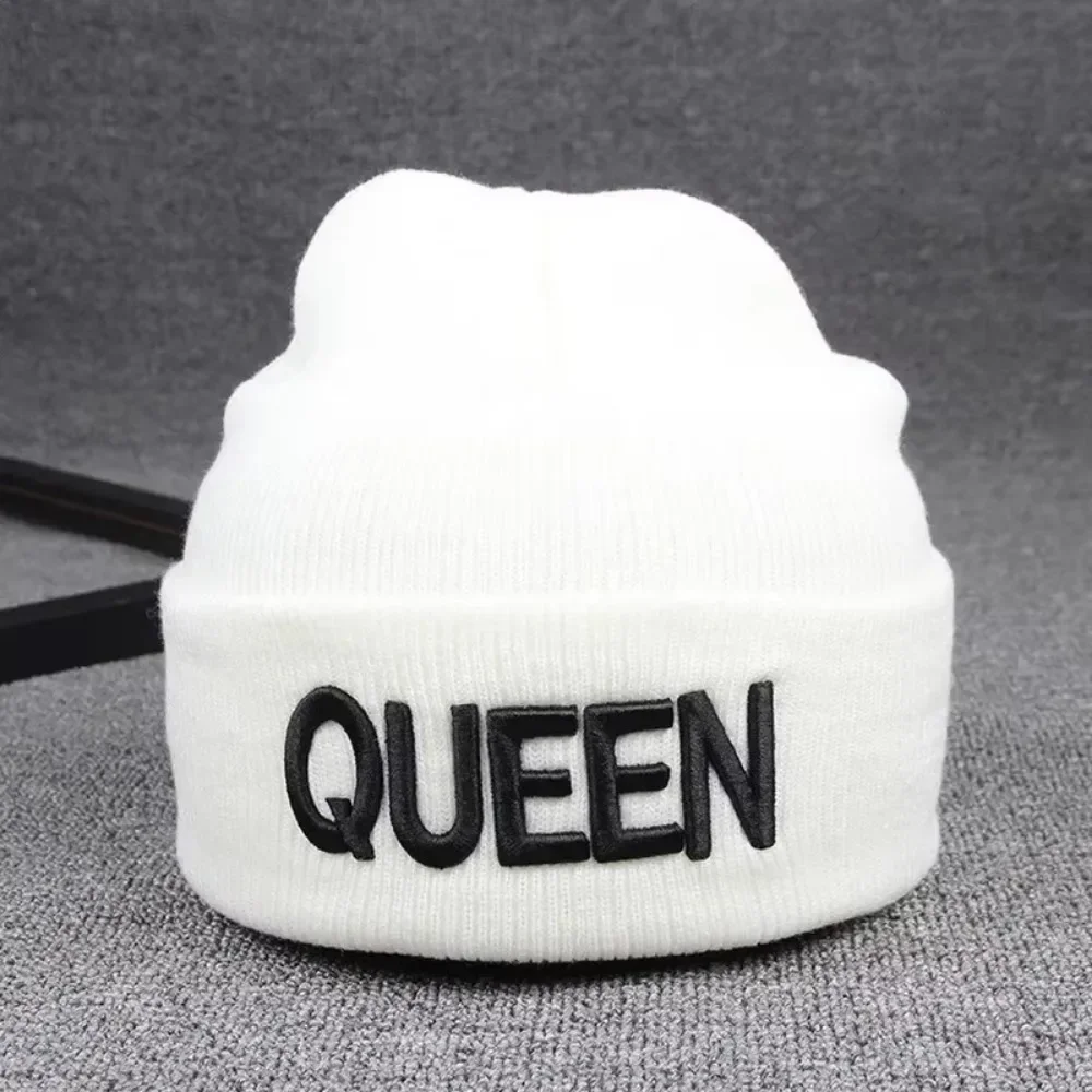 Beanies King Queen Letter Embroidery Warm Hat Knitted Cap Men Women Lovers Street Dance Bonnet Black White Gorras Para Hombres