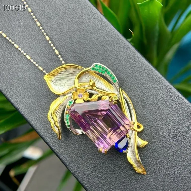Natural Ametrine Pendant 17x23mm S925 Silver Two-Tone Handmade Floral & Leaf Design with Gemstone Accents