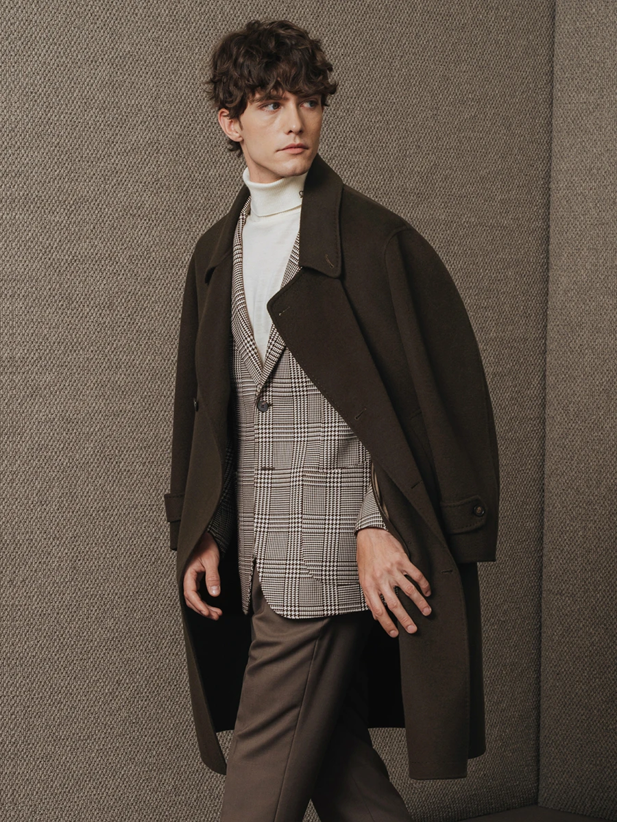 معطف رجالي 95% صوف 5% كشمير مزدوج الوجه مزدوج الصدر سترة شتوية ثقيلة منتصف طول معطف على شكل ثوب للعمل والملابس